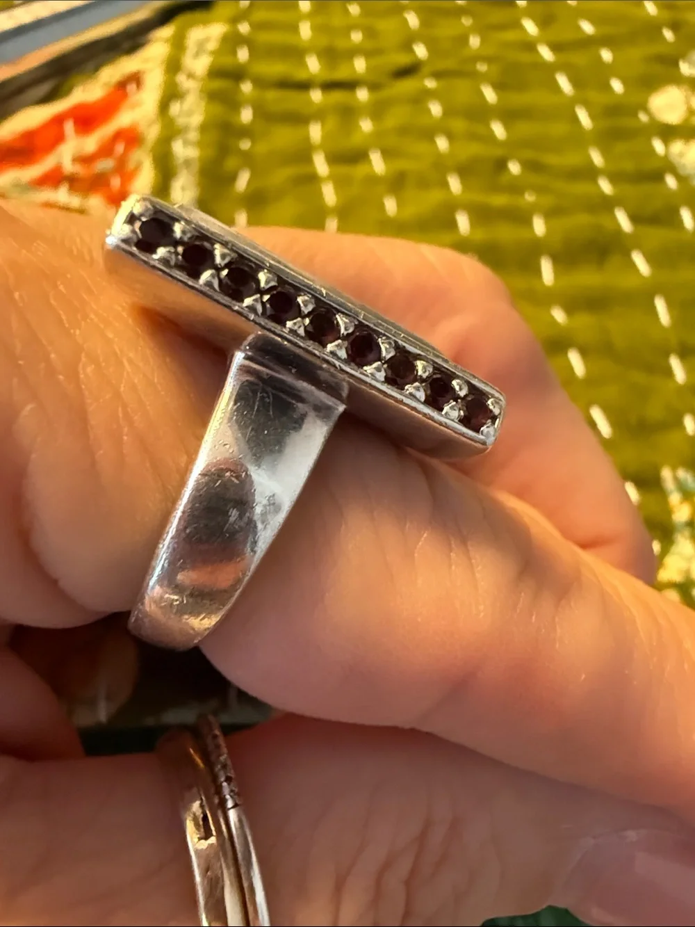 Modern Rectangular Sterling Silver Ring with Garnet Rows On Every Side
